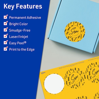 Avery Laser/Inkjet Round Multipurpose Labels, 2.75 Dia., Bright Yellow, 60/Pack (94512)