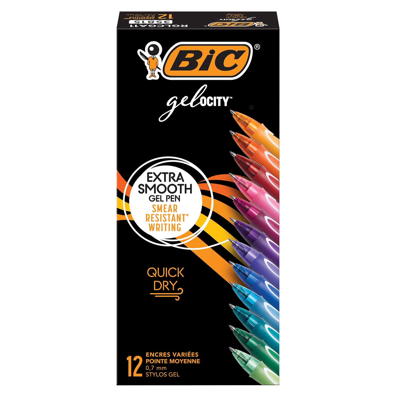BIC Gel-ocity Quick Dry Retractable Gel Pen, Medium Point, 0.7mm, Assorted Ink, Dozen (BICRGLCGA11)