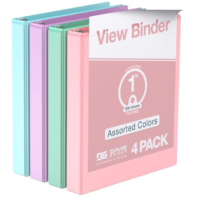 Davis Group, 1, 8.5 x 11, Round Ring View Binder, Assorted Pastel Colors, 4/Pack (7411-88-04)