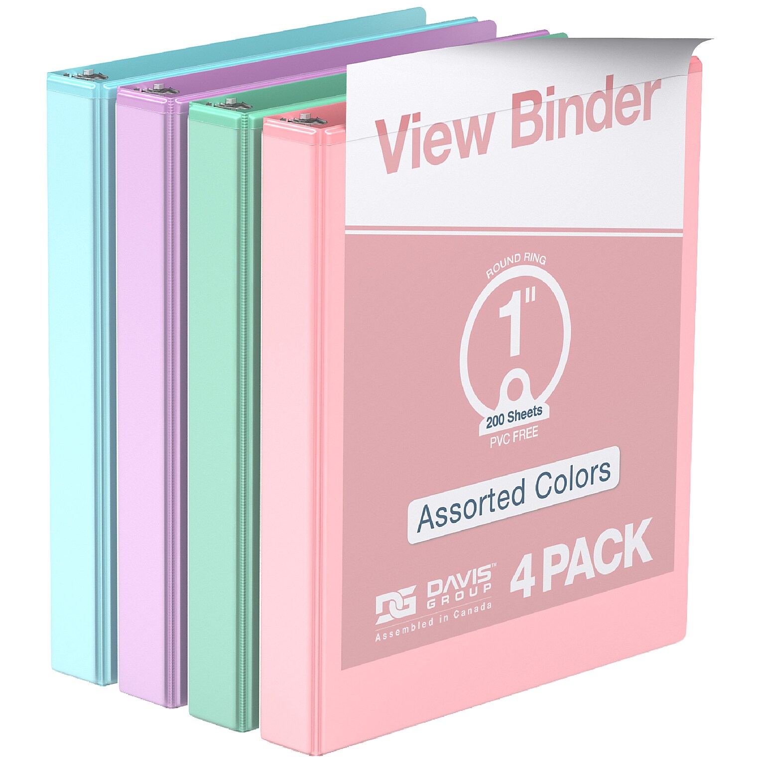 Davis Group Standard View 1 3-Ring Binders, Assorted Pastel Colors, 4/Pack (7411-88-04)