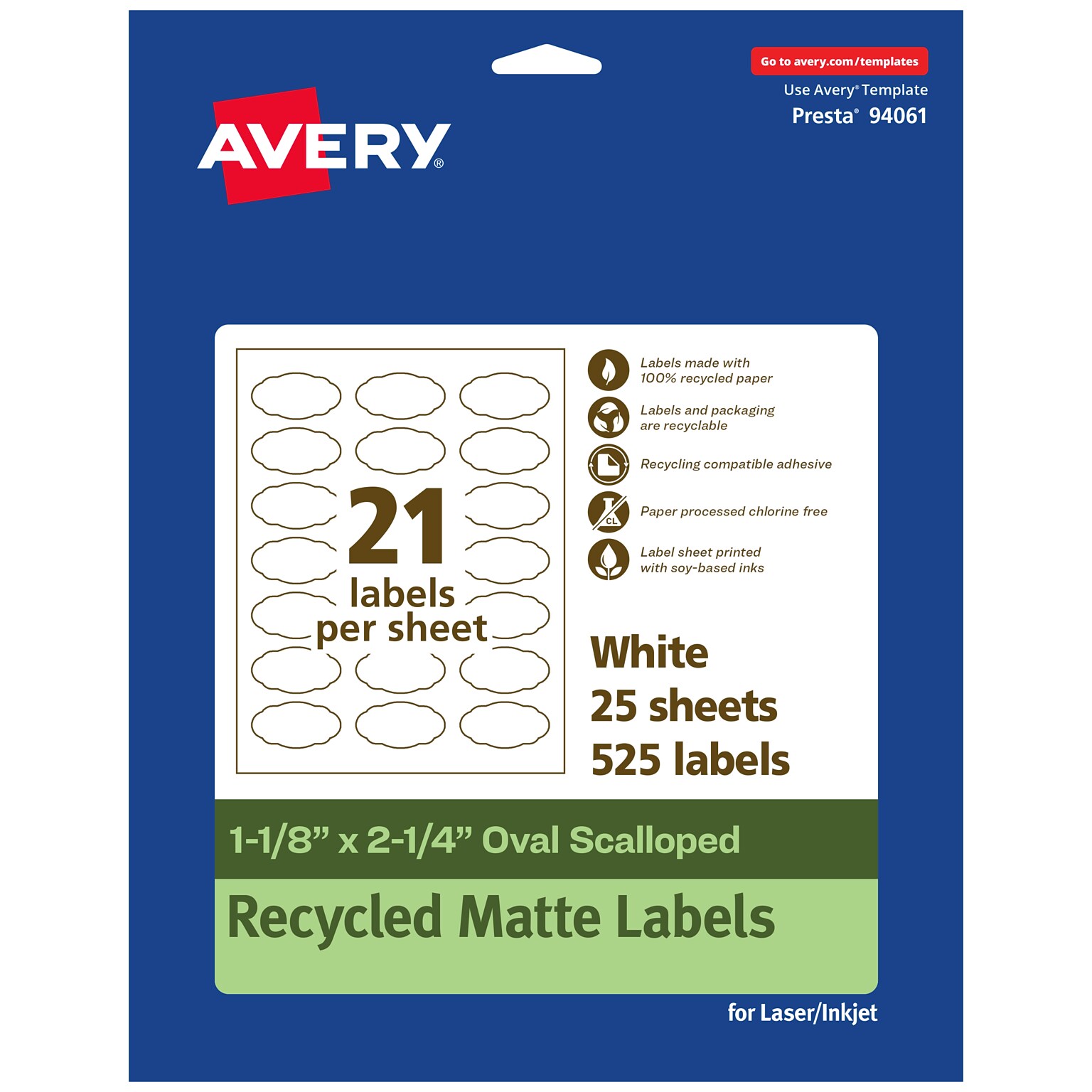 Avery EcoFriendly Laser/Inkjet Decorative Edge Multipurpose Labels, 1-1/8 x 2-1/4, White, 525/Pack (94061)