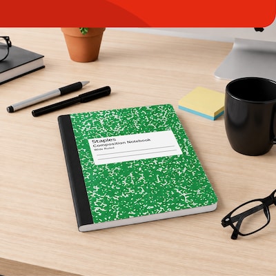 STAPLES Composition Notebook, 9.75” x 7.5”, Wide Ruled, 100 Sheets, Green Cover