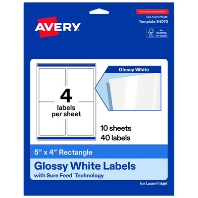 Avery Rectangle Laser/Inkjet Multipurpose Labels, White, 4 Labels/Sheet, 10 Sheets/Pack (19479311207)
