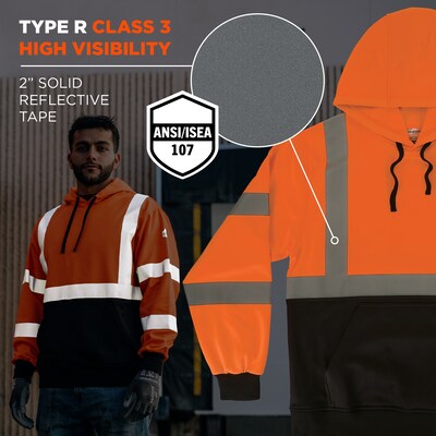Ergodyne GloWear 8311BK High Visibility Long Sleeve Black Bottom Hooded Sweatshirt, ANSI Type R Class 3, Orange, Medium (22883)