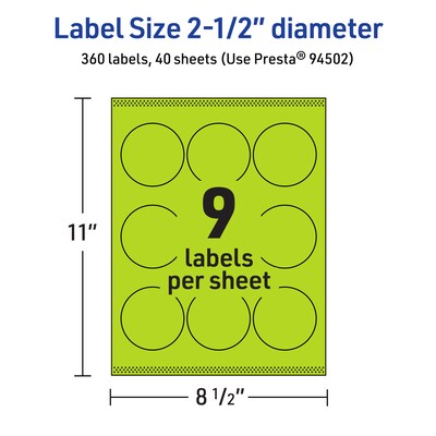Avery Laser/Inkjet Multipurpose Circle Labels, 2.5" Dia., Bright Green, 360/Pack (94502)