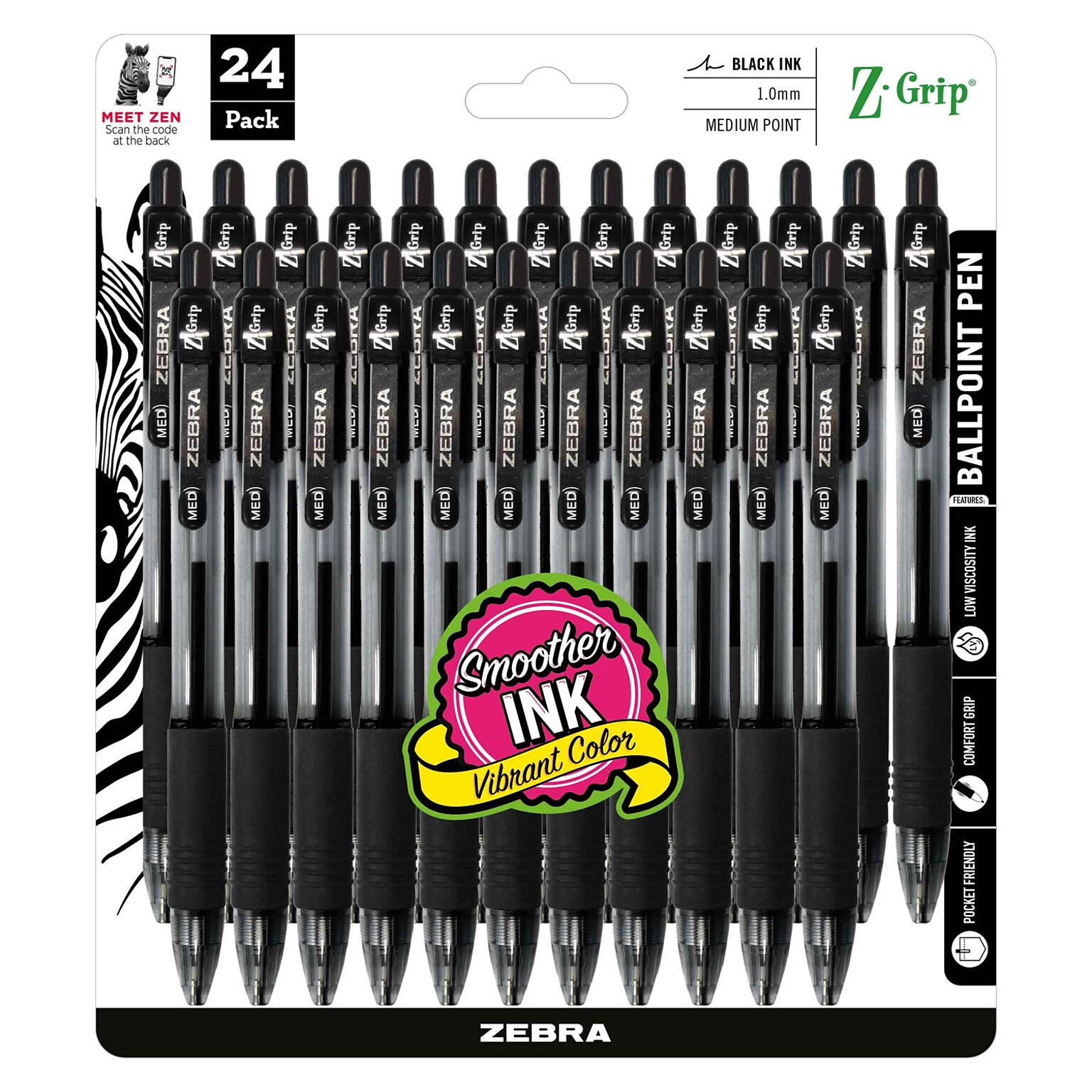 Zebra Z-Grip Retractable Ballpoint Pens, Medium Point, 1.0mm, Black Ink, 24/Pack (12221)