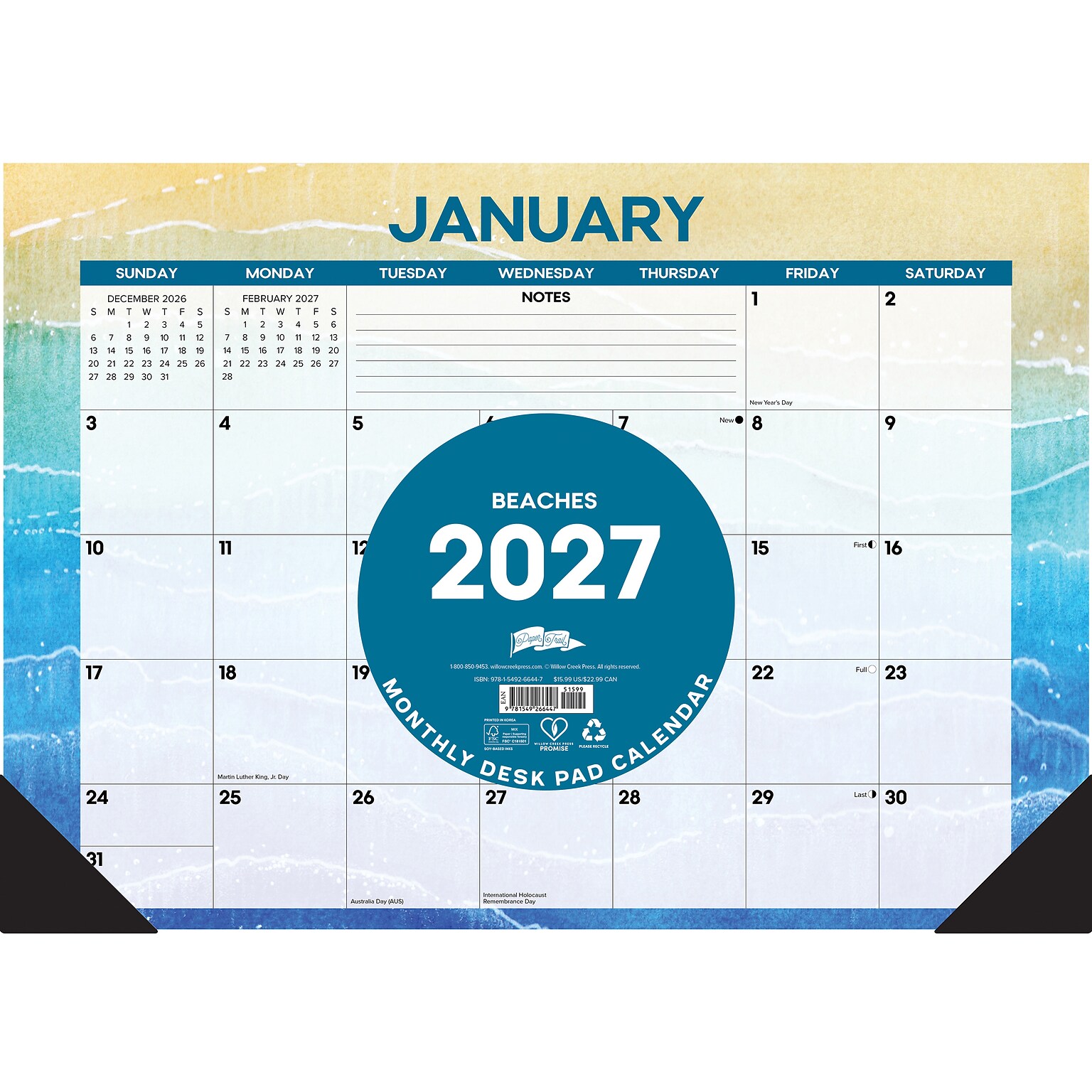 2027 Willow Creek Beaches 17 x 12 Monthly Desk Pad Calendar, Assorted Colors (66447)