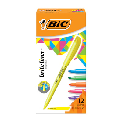BIC Brite Liner Stick Highlighter, Chisel Tip, Assorted Colors, Dozen (BL11-AST)