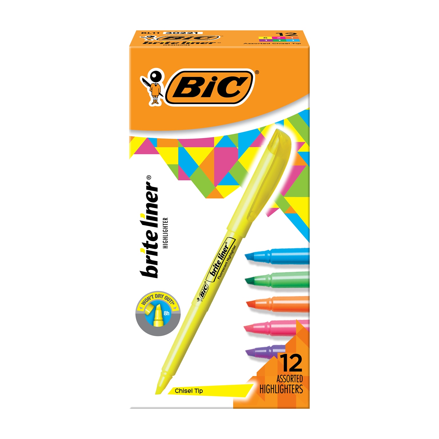 BIC Brite Liner Stick Highlighter, Chisel Tip, Assorted Colors, Dozen (BL11-AST)