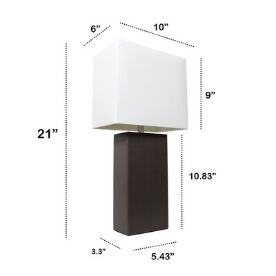Lalia Home Lexington 21" Leather Base Modern Bedside Table Lamp, White Rectangular Fabric Shade, Espresso Brown (LHT-3008-BW)