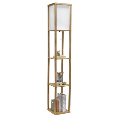 Simple Designs 62.5" Modern 3 Tier Standing Floor Lamp Etagere Organizer Storage Shelf with Linen Shade (LF1038-WOD)