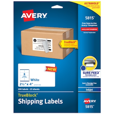 Avery TrueBlock Inkjet Shipping Labels, 2-1/2 x 4, White, 8 Labels/Sheet, 25 Sheets/Pack, 200 Labe