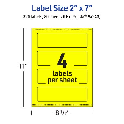 Avery Laser/Inkjet Rectangle Multipurpose Labels, 2" x 7", Neon Yellow, 320/Box (94243)
