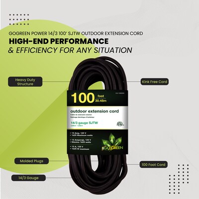 GoGreen Power 100' Indoor/Outdoor Extension Cord, 14 AWG, Black (GG-13800BK)
