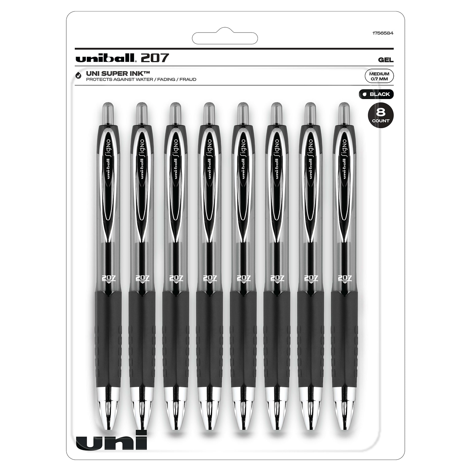 uniball 207 Retractable Gel Pens, Medium Point, 0.7mm, Black Ink, 8/Pack (1756584)