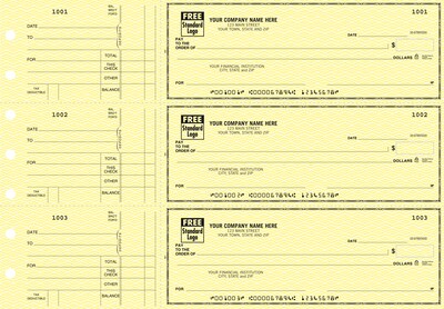Custom 3-On-A-Page Business Size Checks, Side-Tear Voucher, Standard Color, 2 Ply/Duplicate, 1 Clr Printing, 8.25" x 3", 250/Pk