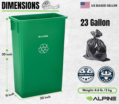 Alpine Industries Polypropylene Recycling Bin with Lid and Dolly, 23 Gallon, Green (ALP477-GRN1-PKD)