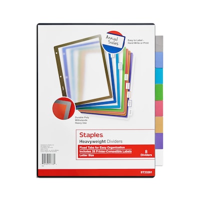 Staples Better Print & Apply Label Plastic Dividers, 8-Tab, Assorted Colors, Set (23281)