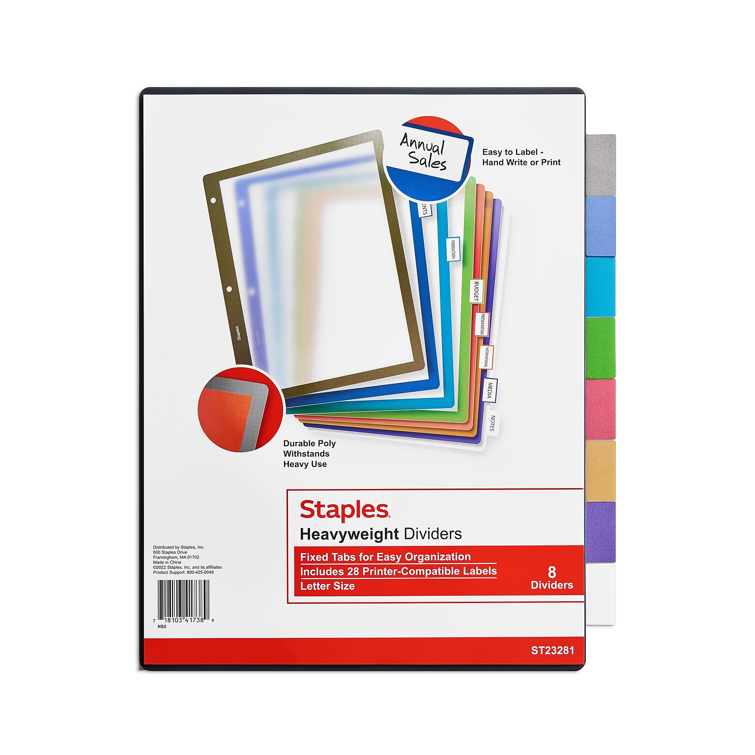Staples Better Print & Apply Label Plastic Divider, 8 Tabs, Assorted Colors, 1 Set (ST23281/23281)