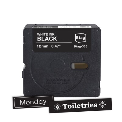 Brother P-touch Btag Label Tape, 1/2" x 13.1' (12mm x 4m), White on Black (BTAG335)