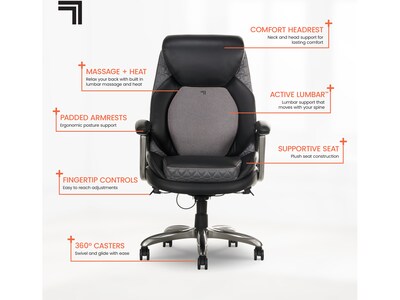 Sharper Image S-600 Active Lumbar Heated Ergonomic Bonded Leather Swivel Executive Massage Chair, Black (60098-BLK)