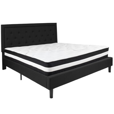 Flash Furniture Roxbury Tufted Upholstered Platform Bed in Black Fabric with Pocket Spring Mattress,