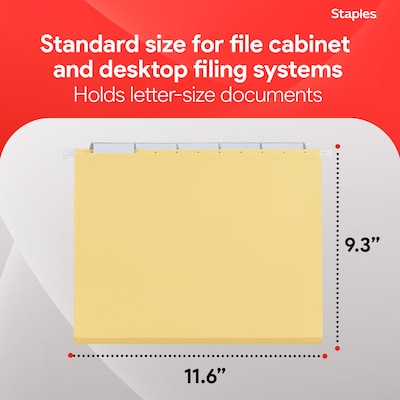 Staples® Heavy Duty Bright Colored Hanging File Folders, 1/5-Cut Tab, Letter Size, Assorted Colors, 25/Box (ST875411-CC)