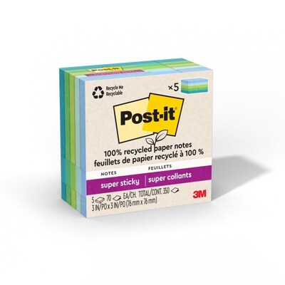 Post-it Oasis Recycled Super Sticky Notes, 3 x 3, Oasis Collection, 70 Sheets/Pad, 5 Pads/Pack (65