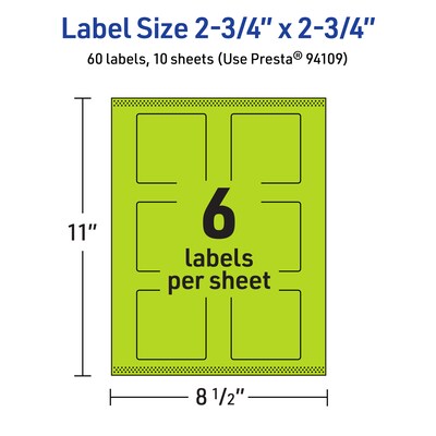 Avery Laser/Inkjet Multipurpose Square Labels, 2.75" x 2.75", Bright Green, 60/Pack (94109)