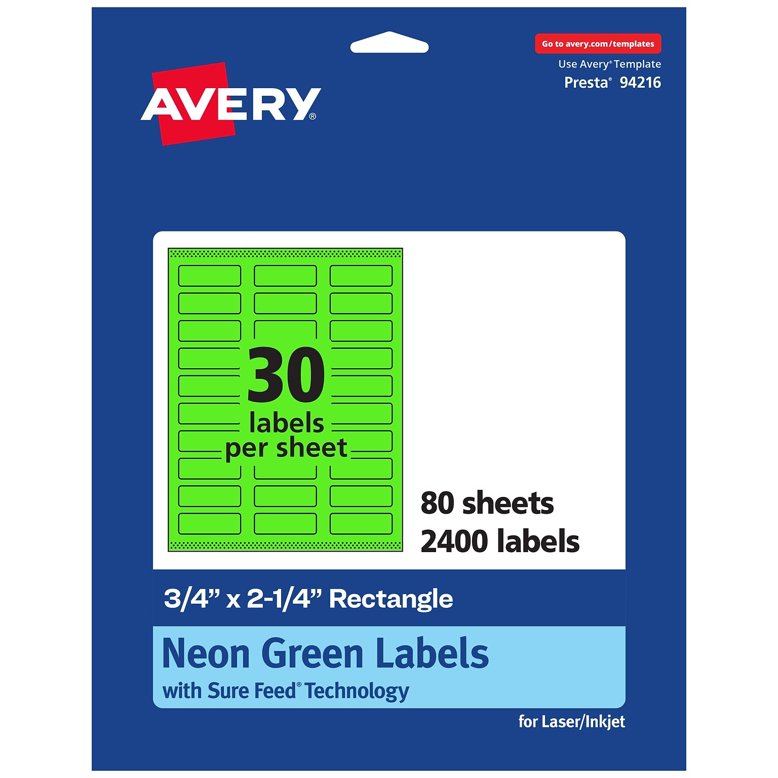 Avery Laser/Inkjet Multipurpose Labels, Neon Green, 30 Labels/Sheet, 80 Sheets/Pack (94216-NGP80)