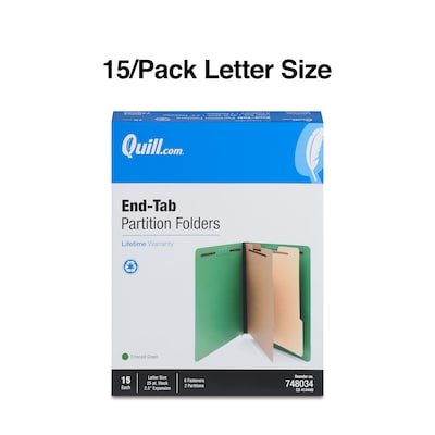 Quill Brand® End-Tab Partition Folders, 2 Partitions, 6 Fasteners, Emerald Green, Letter, 15/Box (74