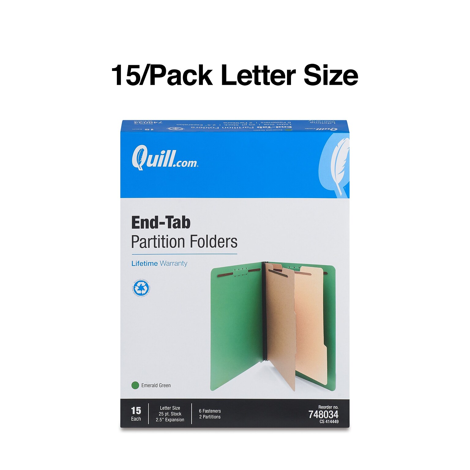 Quill Brand® End-Tab Partition Folders, 2 Partitions, 6 Fasteners, Emerald Green, Letter, 15/Box (748034)