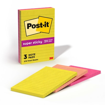 Post-it Super Sticky Notes, 4 x 6, Summer Joy Collection, Lined, 90 Sheets/Pad, 3 Pads/Pack (660-3