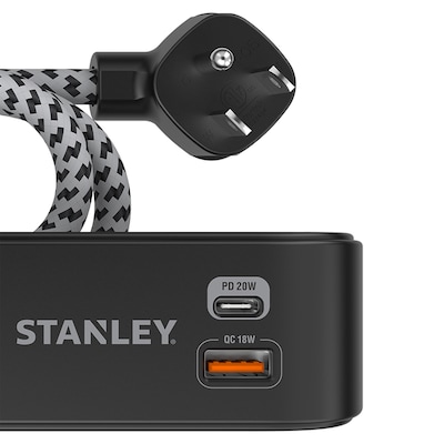 STANLEY SurgeMax 2-Outlet Surge Protector Power Strip with 2-USB Ports & Braided Fabric Cord, 6-ft., 300 Joules, Black (33255)