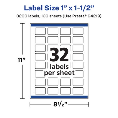 Avery Laser/Inkjet Waterproof Multipurpose Rectangle Labels, 1" x 1.5", White, 3200 Labels/Box (94219)