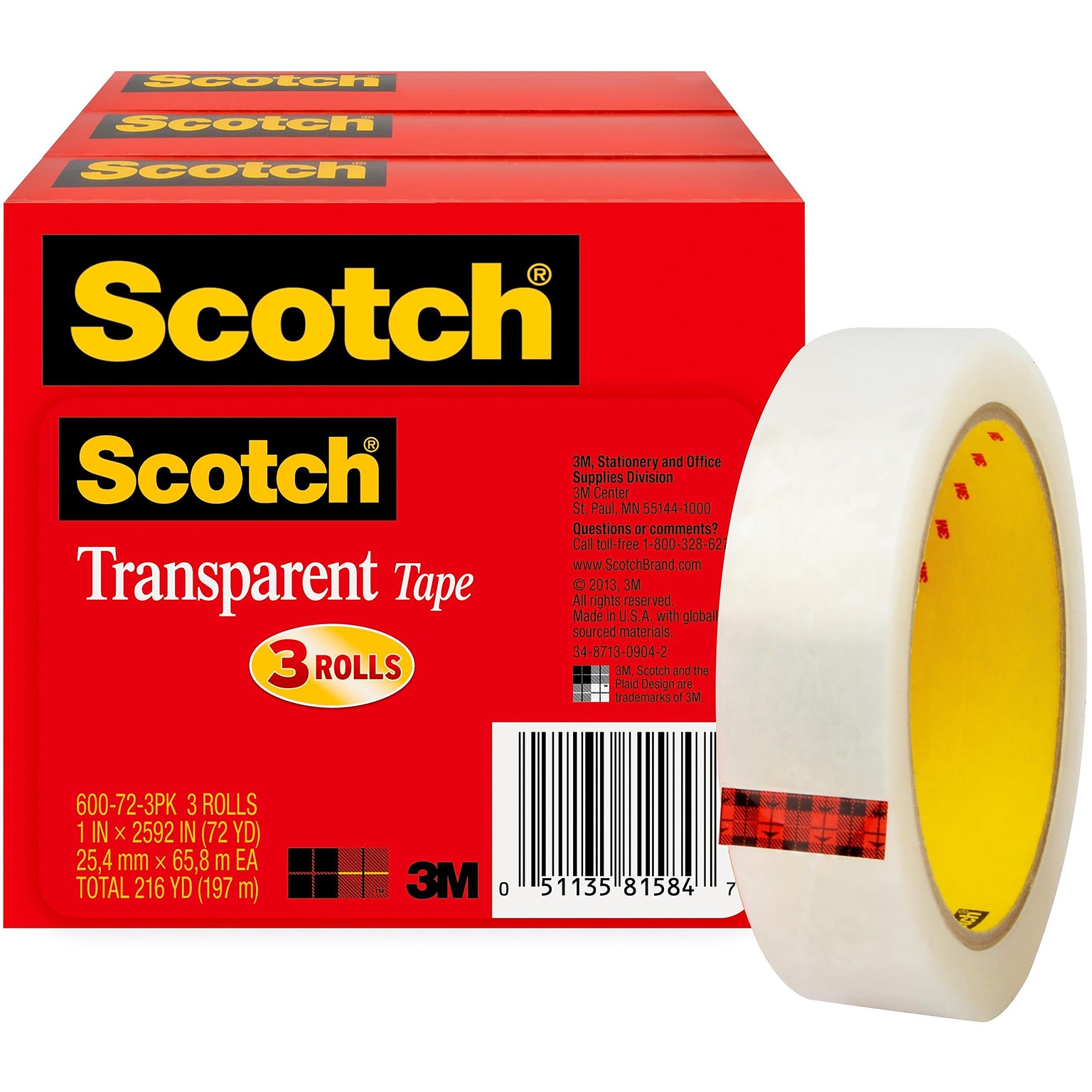 Scotch Transparent Tape Refill, 1 x 72 yds., 3 Rolls/Pack (600-72-3PK)