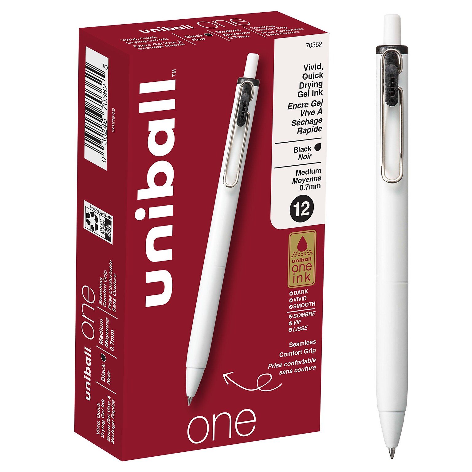 uni-ball one Retractable Gel Pens, Medium Point, 0.7mm, Black Ink, Dozen (70362)