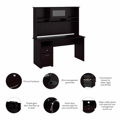Bush Furniture Cabot 60"W Computer Desk with Hutch, Espresso Oak (CAB042EPO)