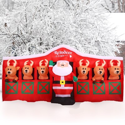 Fraser Hill Farm 4' Pre-Lit Inflatable Santa in Reindeer Stable (FHFRDRSTBLE041-L)