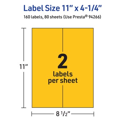 Avery Laser/Inkjet Rectangle Multipurpose Labels, 11" x 4.25", Bright Yellow, 160/Box (94266)