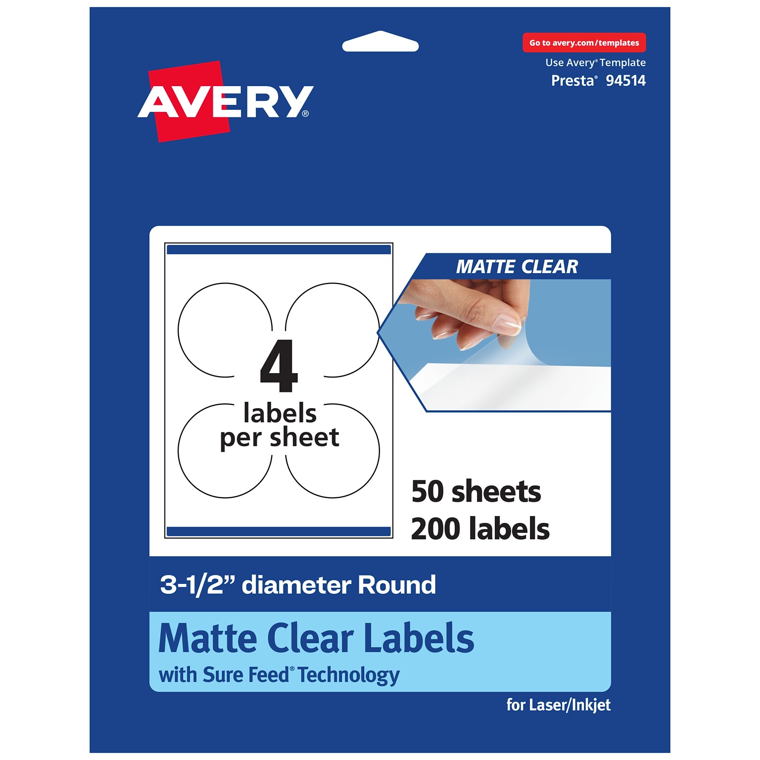 Avery Laser/Inkjet Circle Multipurpose Labels, 3-1/2 Dia., Clear, 200/Box (94514)