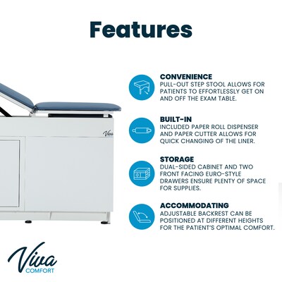 Viva Comfort Adjustable Exam Table with Stirrups & Storage, 500 lbs. Capacity, Blue (ADI996-09-SSU2-BLU-MK)