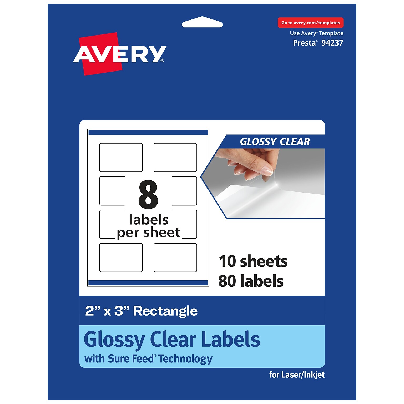 Avery Laser/Inkjet Rectangle Glossy Labels, 2 x 3, Clear, 80 Labels/Pack (94237)