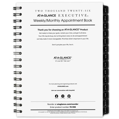 2026 AT-A-GLANCE Executive 8.75 x 6.5 Weekly & Monthly Appointment Book Refill, White/Black (70-908-10-26)