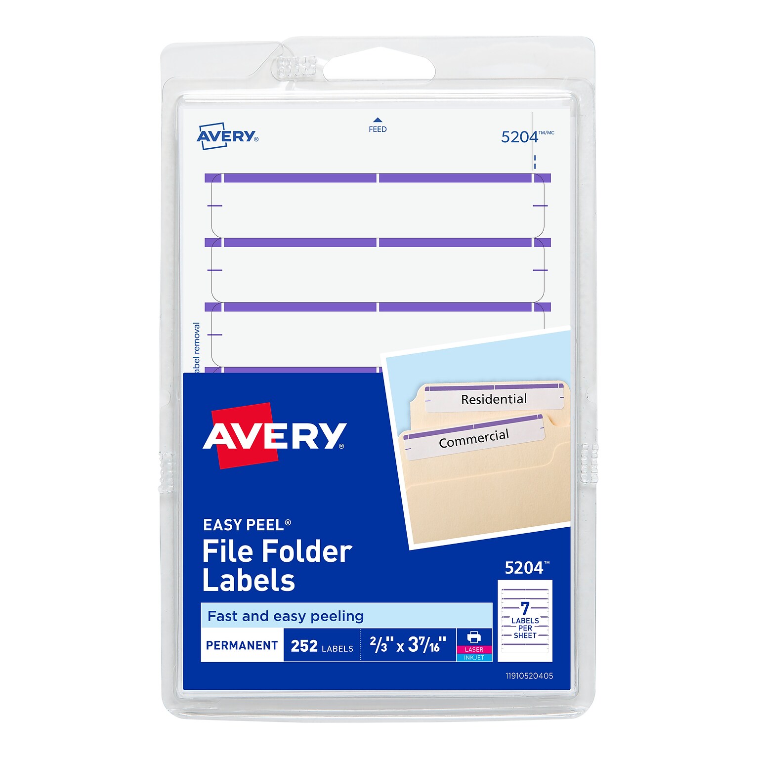 Avery Easy Peel Laser/Inkjet File Folder Labels on 4 x 6 Sheets, 2/3 x 3-7/16, White/Purple, 252 Labels/Pack (5204)