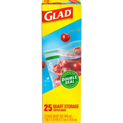 Glad Zipper Storage Bags, Quart, 25 Bags/Box (55052)