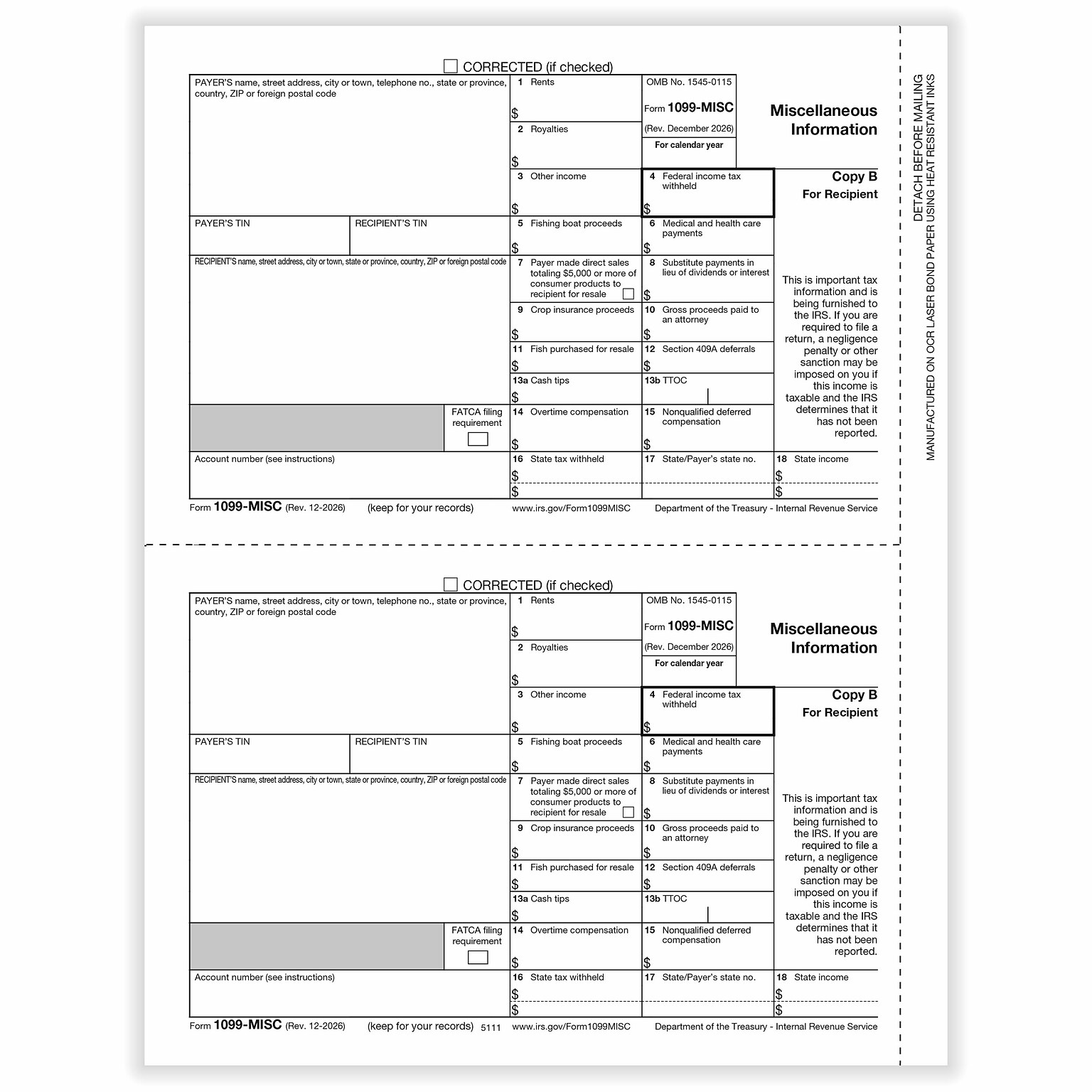 ComplyRight 2026 1099-MISC Tax Form, 1-Part, 2-Up, Recipient Copy B, 50/Pack (511150)