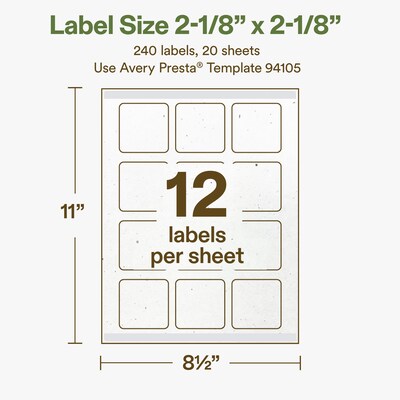 Avery Hemp Square Laser/Inkjet Multipurpose Labels, 2-1/8" x 2-1/8", Off-White (240/Pack)