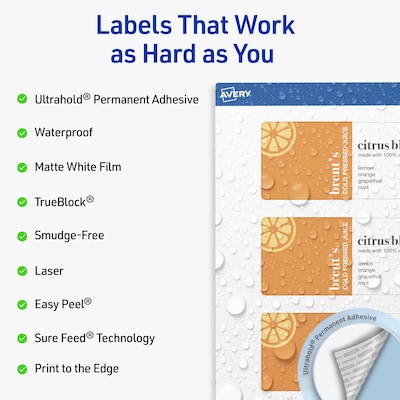 Avery Waterproof Rectangle Laser Multipurpose Labels, 2 x 6, White, 200/Box (19479399310)