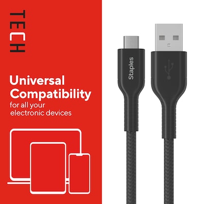 Staples TECH Micro USB to USB-A Charging Cable, 3.3 ft., Black (ST62327)